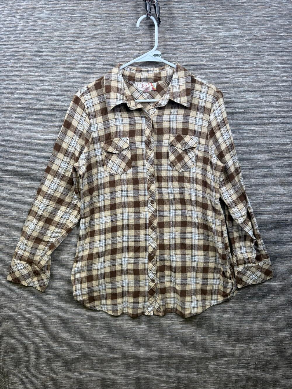 Op Juniors Plaid Button-Down Shirt Brown/Beige Size XL Long Sleeve Casual Fit